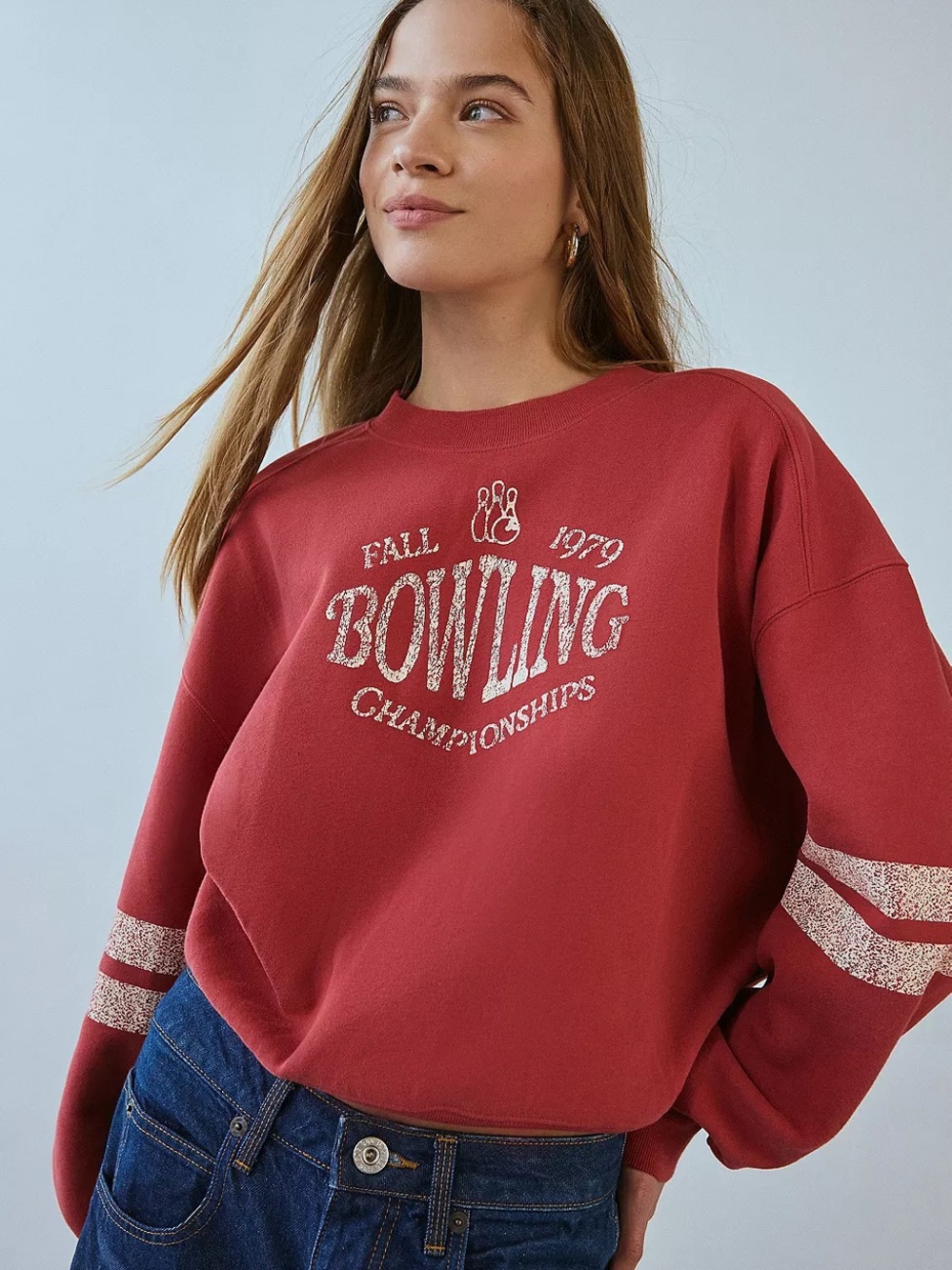 BDG Deep Red 'Bowling Championships' Crewneck Sweatshirt
